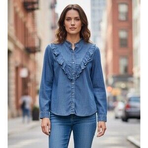 Anthropologie Cloth And Stone Button Down Shirt Ruffle Yoke Med Blue Chambray